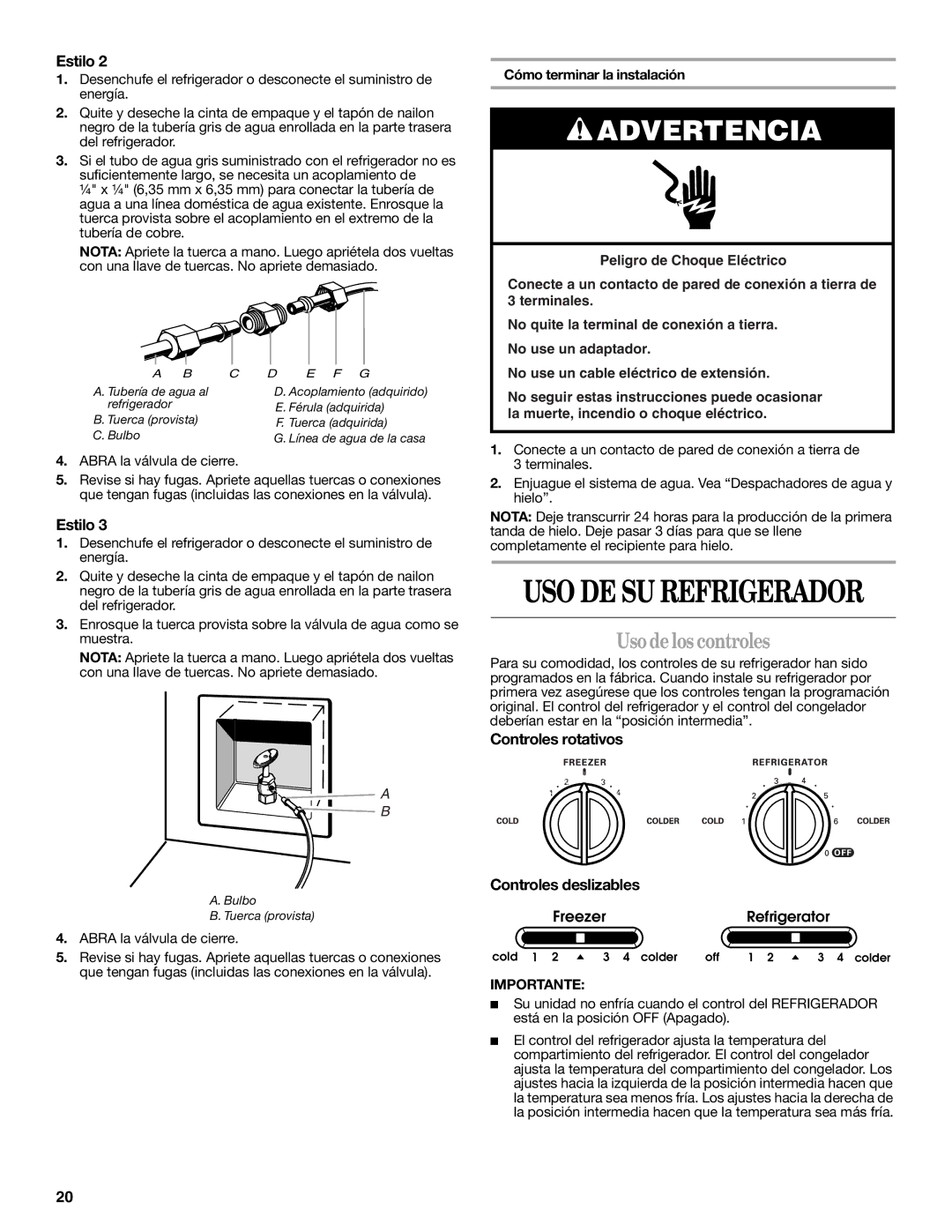 Whirlpool ED2JHGXRB00 warranty Usodelos controles, Controles rotativos, Controles deslizables, Abra la válvula de cierre 