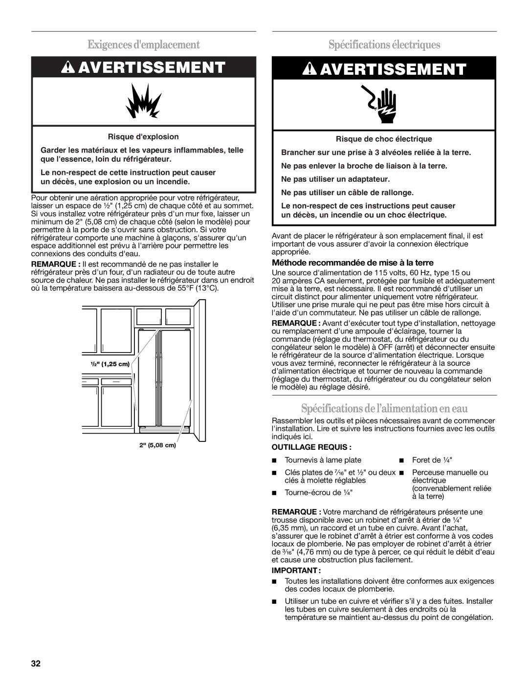 Whirlpool ED2JHGXRB00 warranty Exigences demplacement, Spécifications électriques, Spécifications del’alimentationen eau 