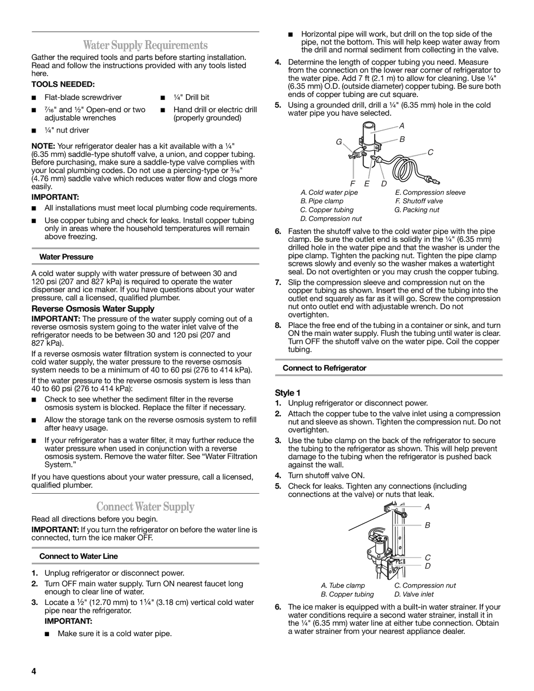 Whirlpool ED2JHGXRB00 Water Supply Requirements, ConnectWater Supply, Reverse Osmosis Water Supply, Style, Tools Needed 