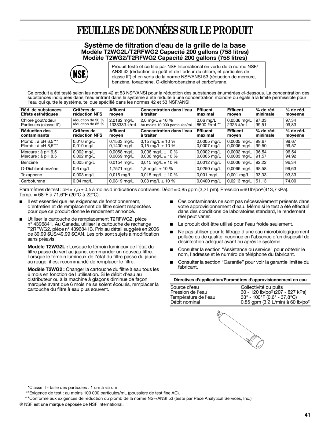 Whirlpool ED2JHGXRB00 warranty Feuilles DE Données SUR LE Produit, Système de filtration deau de la grille de la base 