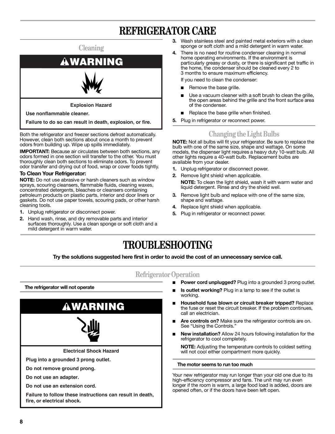 Whirlpool ED2JHGXRB00 warranty Refrigerator Care, Troubleshooting, Cleaning, Changing theLightBulbs, RefrigeratorOperation 