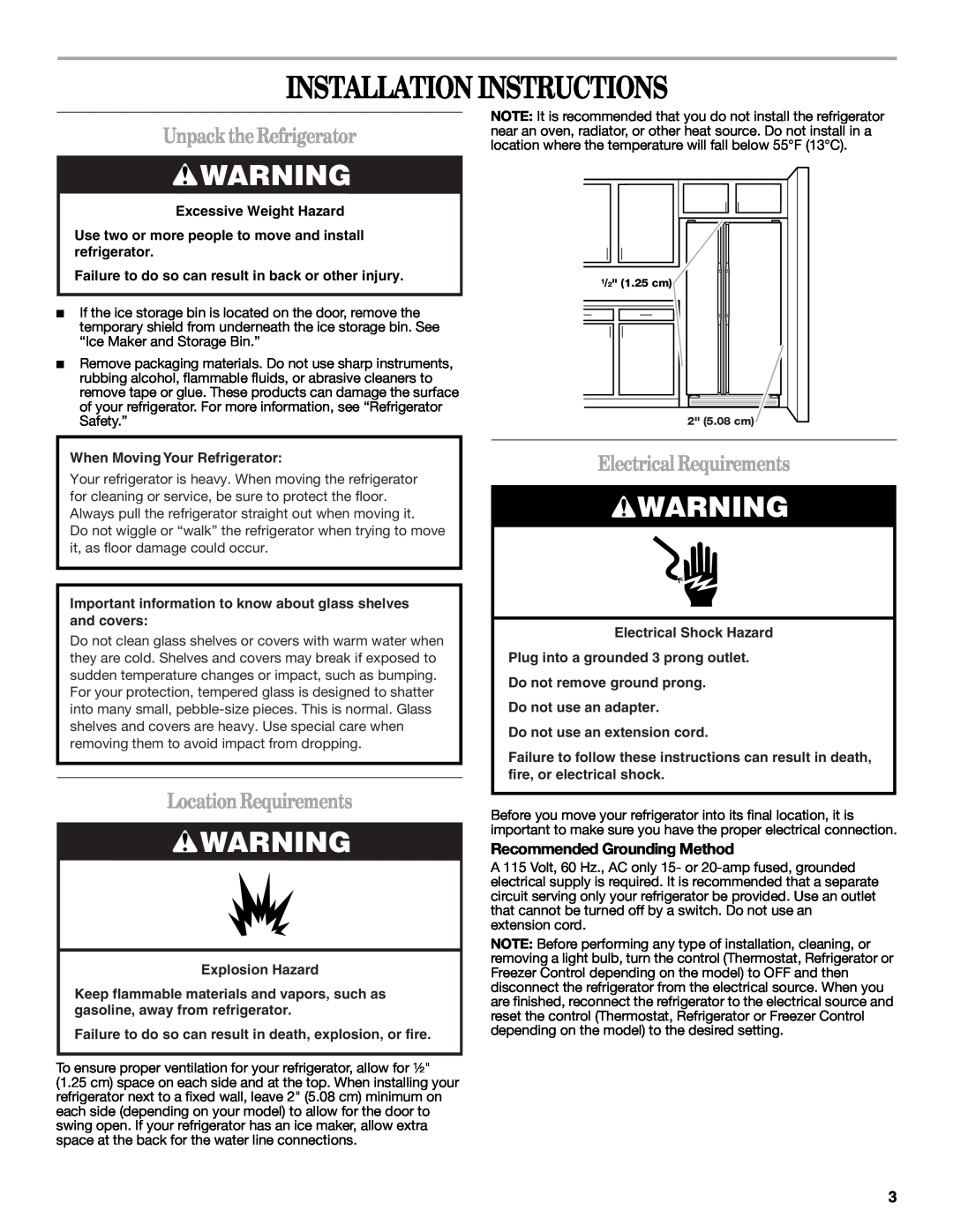 Whirlpool ED2JHGXRB00 Installation Instructions, UnpacktheRefrigerator, LocationRequirements, Electrical Requirements 