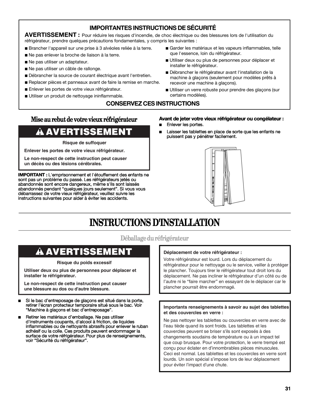 Whirlpool ED2JHGXRB00 warranty Instructions Dinstallation, Avertissement, Miseau rebutdevotrevieuxréfrigérateur 