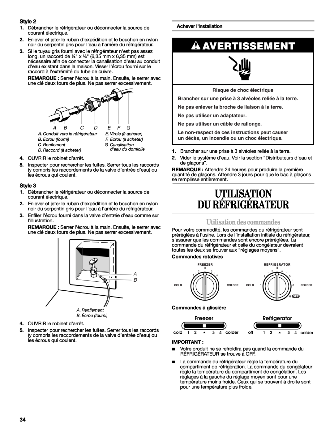 Whirlpool ED2JHGXRB00 Utilisation Du Réfrigérateur, Utilisationdes commandes, Avertissement, Style, FreezerRefrigerator 