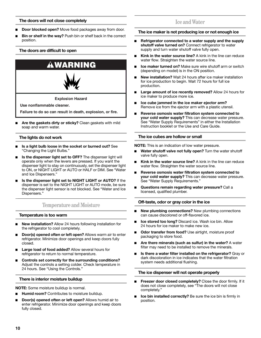 Whirlpool ED2KHAXV installation instructions Ice and Water, Temperature and Moisture 