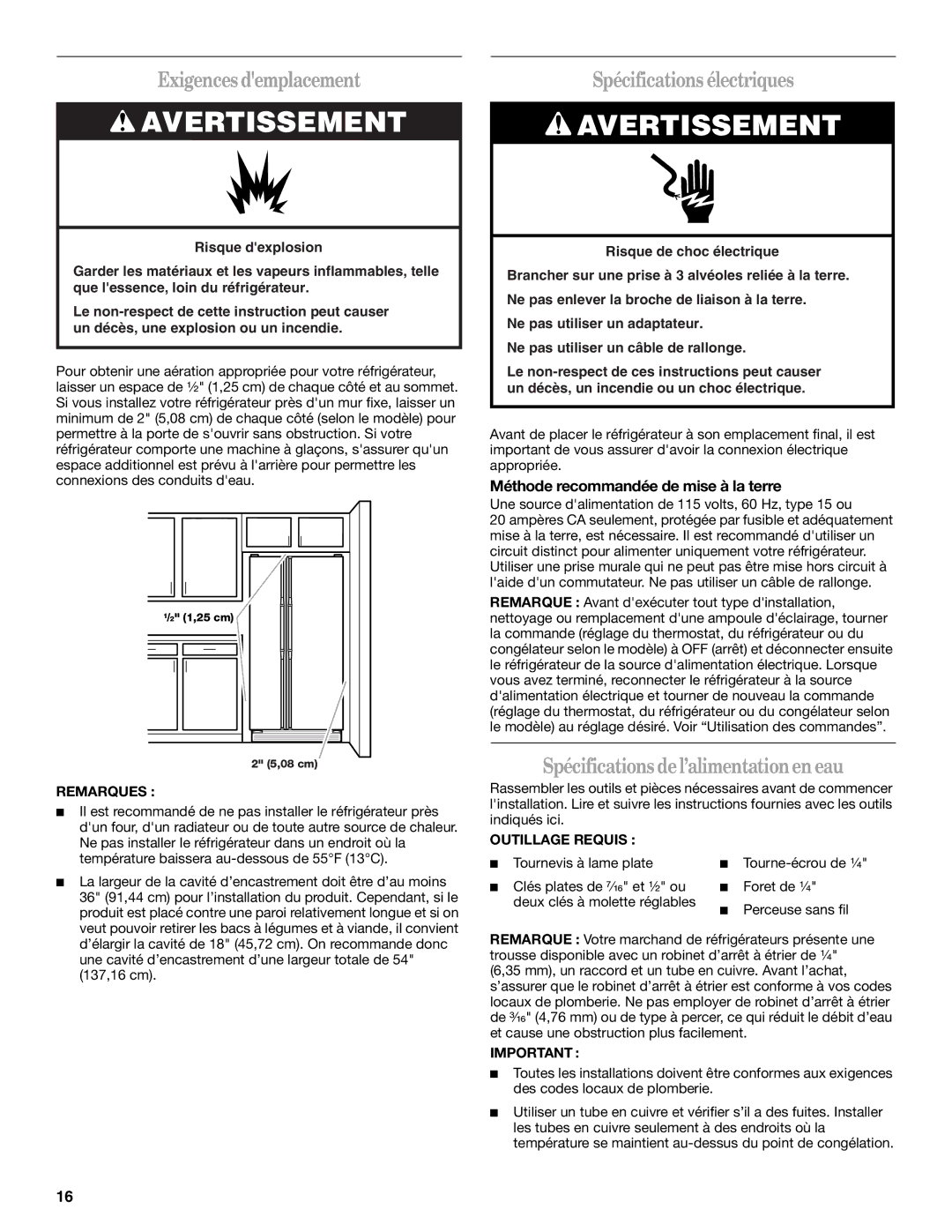 Whirlpool ED2KHAXV Exigences demplacement, Spécifications électriques, Spécifications del’alimentationen eau 