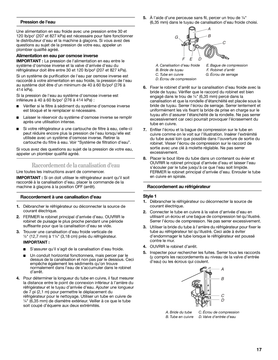 Whirlpool ED2KHAXV Raccordement de la canalisation deau, Pression de leau, Alimentation en eau par osmose inverse 