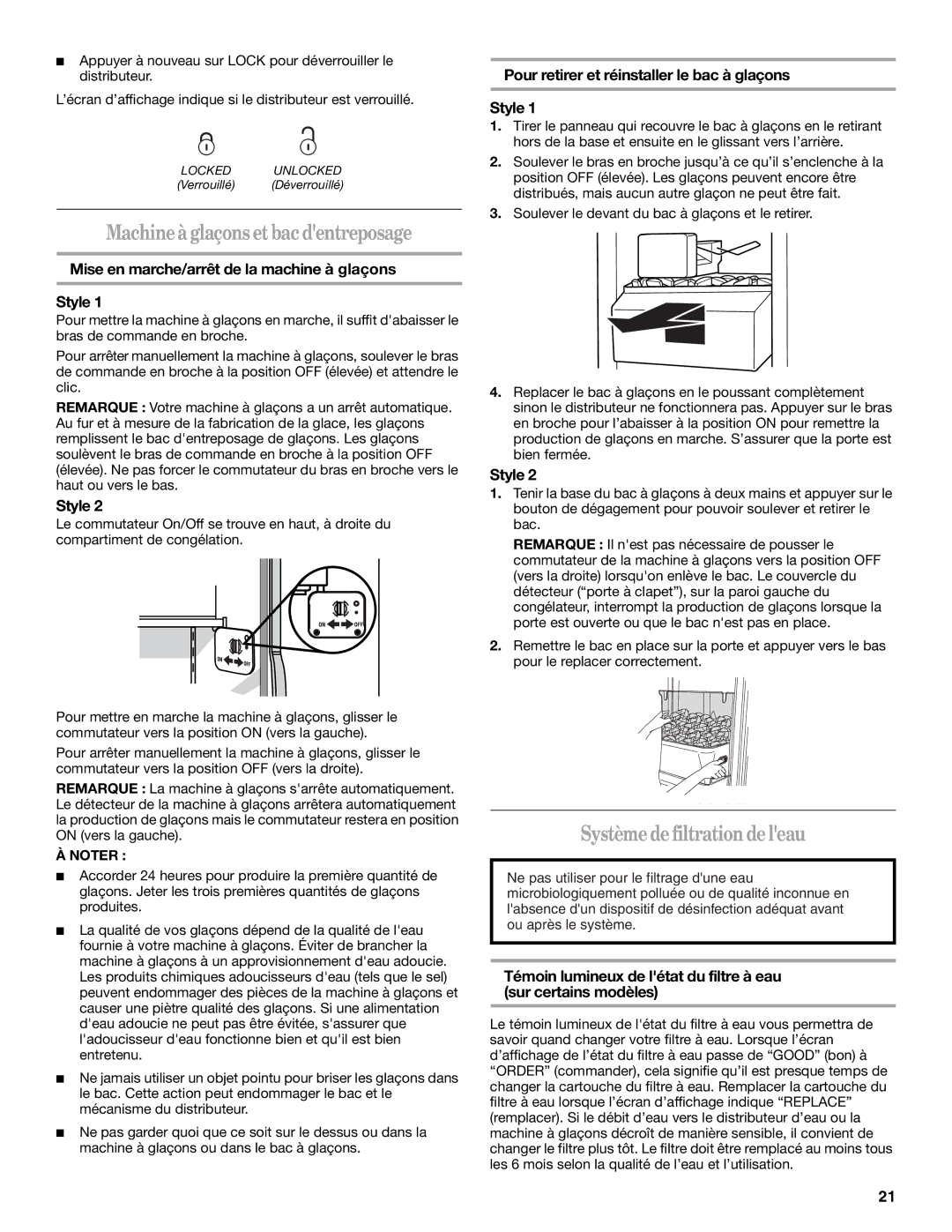 Whirlpool ED2KHAXV installation instructions Machine à glaçons et bac dentreposage, Système defiltrationde leau 