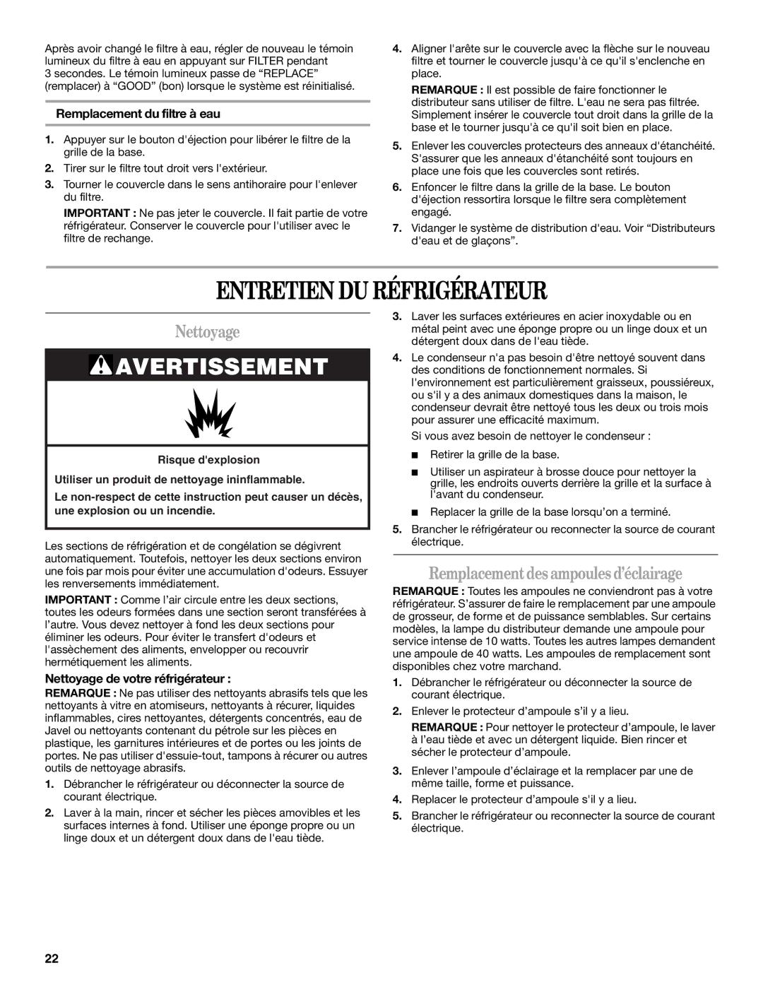 Whirlpool ED2KHAXV installation instructions Entretien DU Réfrigérateur, Nettoyage, Remplacement des ampoules d’éclairage 