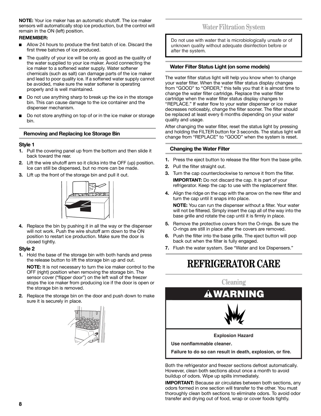 Whirlpool ED2KHAXV installation instructions Refrigerator Care, Water Filtration System, Cleaning 