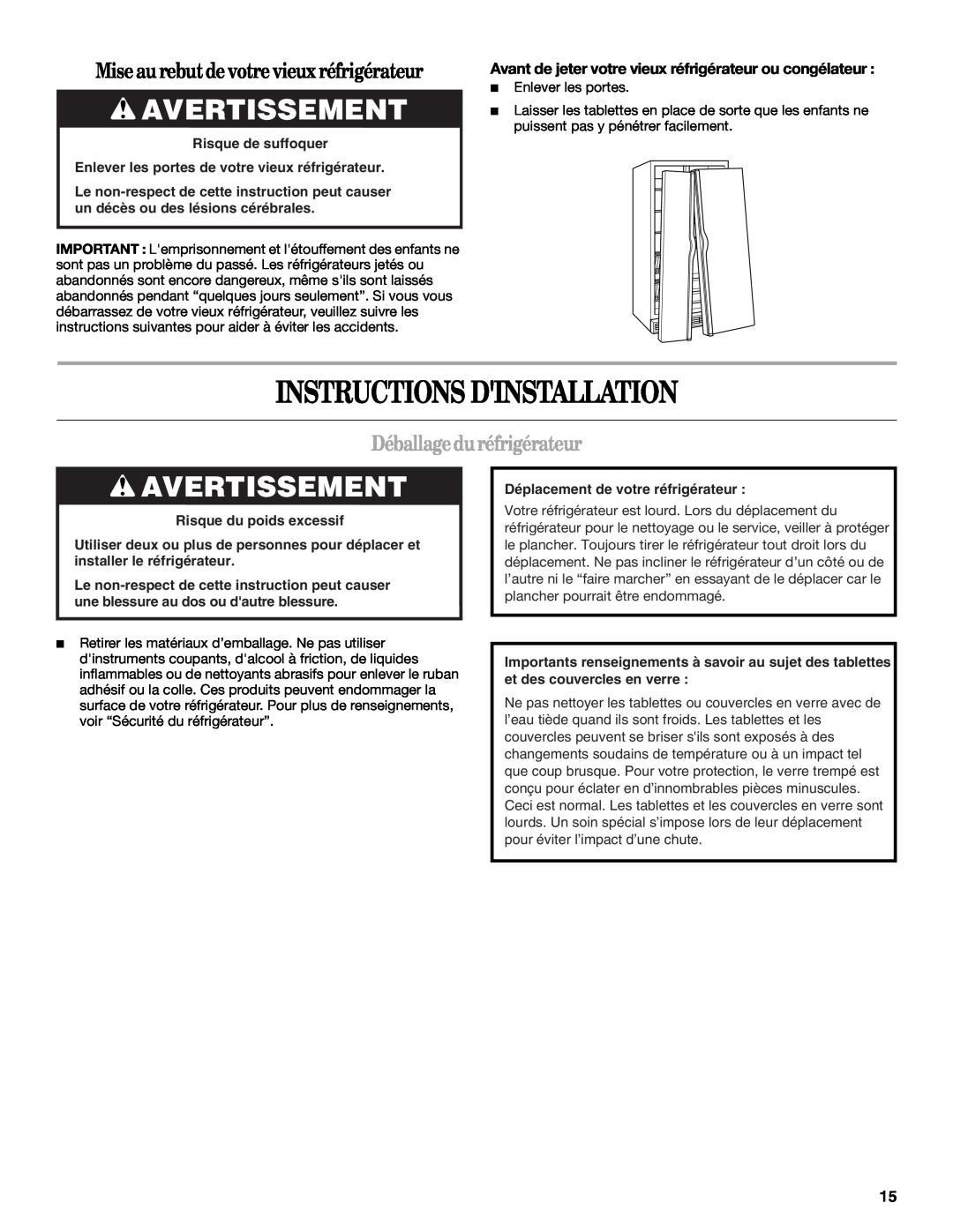 Whirlpool ED2KHAXV Instructions Dinstallation, Avertissement, Mise au rebutde votre vieux réfrigérateur 