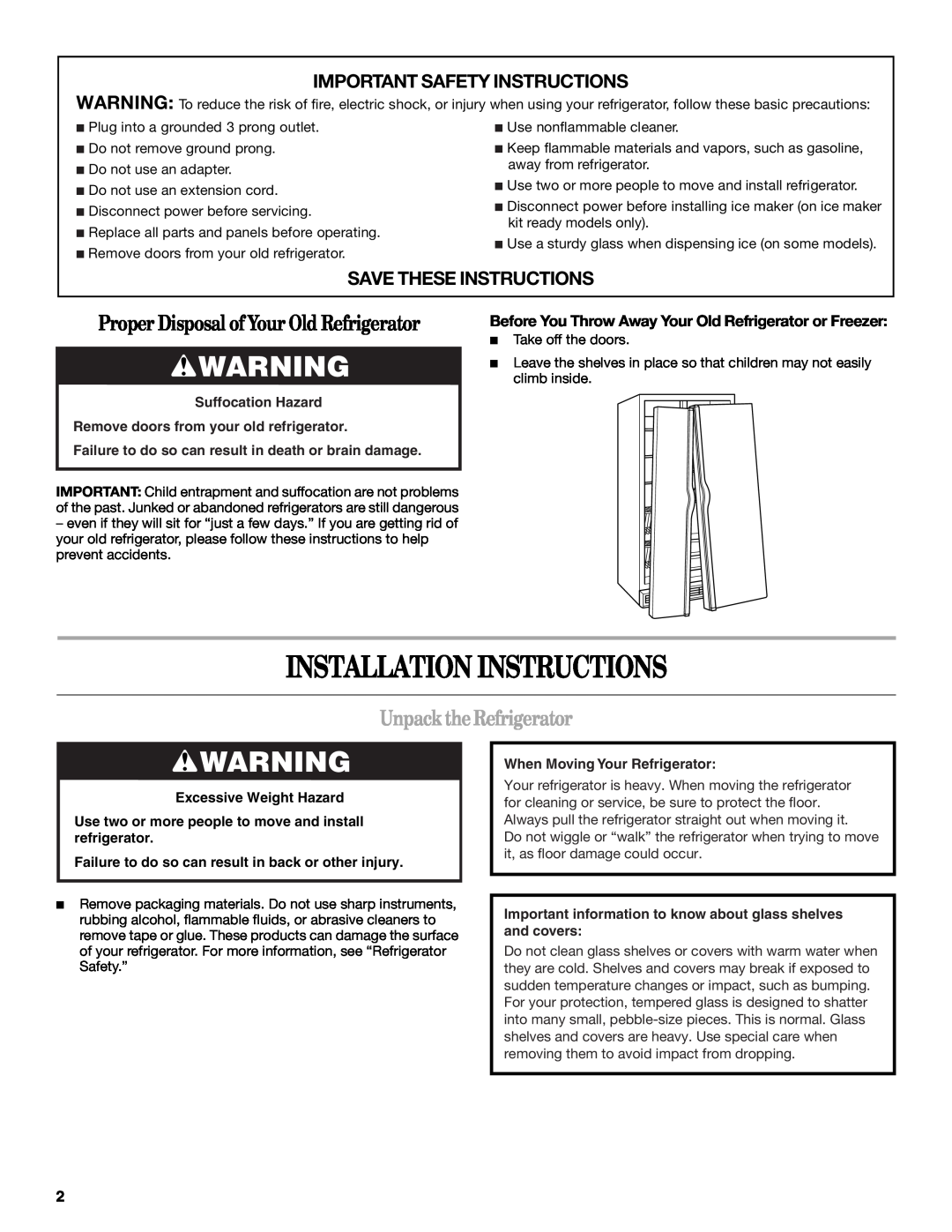 Whirlpool ED2KHAXV Installation Instructions, Unpack the Refrigerator, Important Safety Instructions 