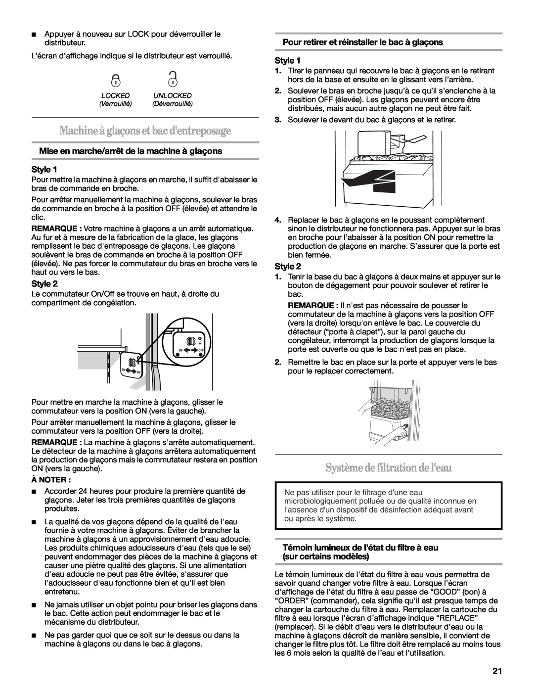 Whirlpool ED2KHAXV installation instructions Machine à glaçons et bac dentreposage, Système defiltrationde leau, Style 