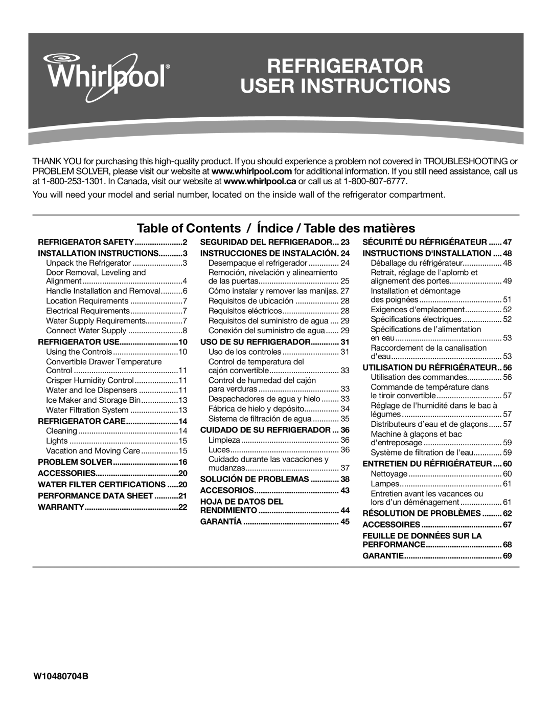 Whirlpool ED2KHAXVB installation instructions Refrigerator User Instructions 