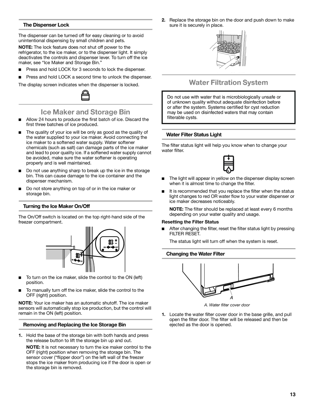 Whirlpool ED2KHAXVB installation instructions Ice Maker and Storage Bin, Water Filtration System 