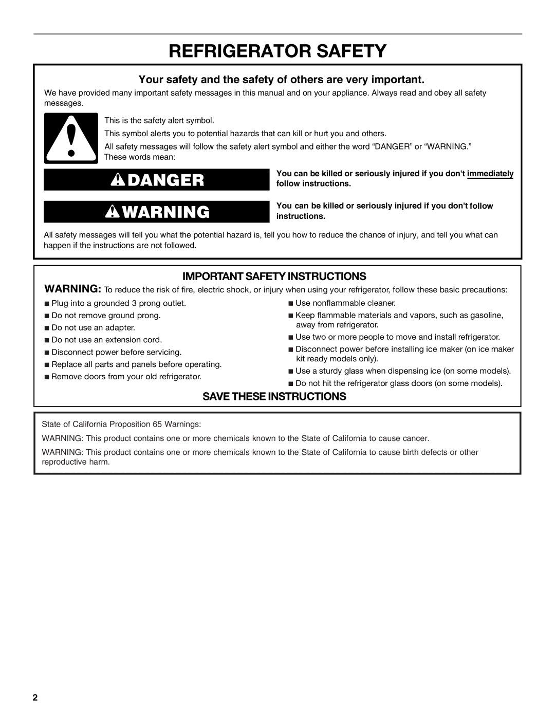 Whirlpool ED2KHAXVB installation instructions Refrigerator Safety, Your safety and the safety of others are very important 