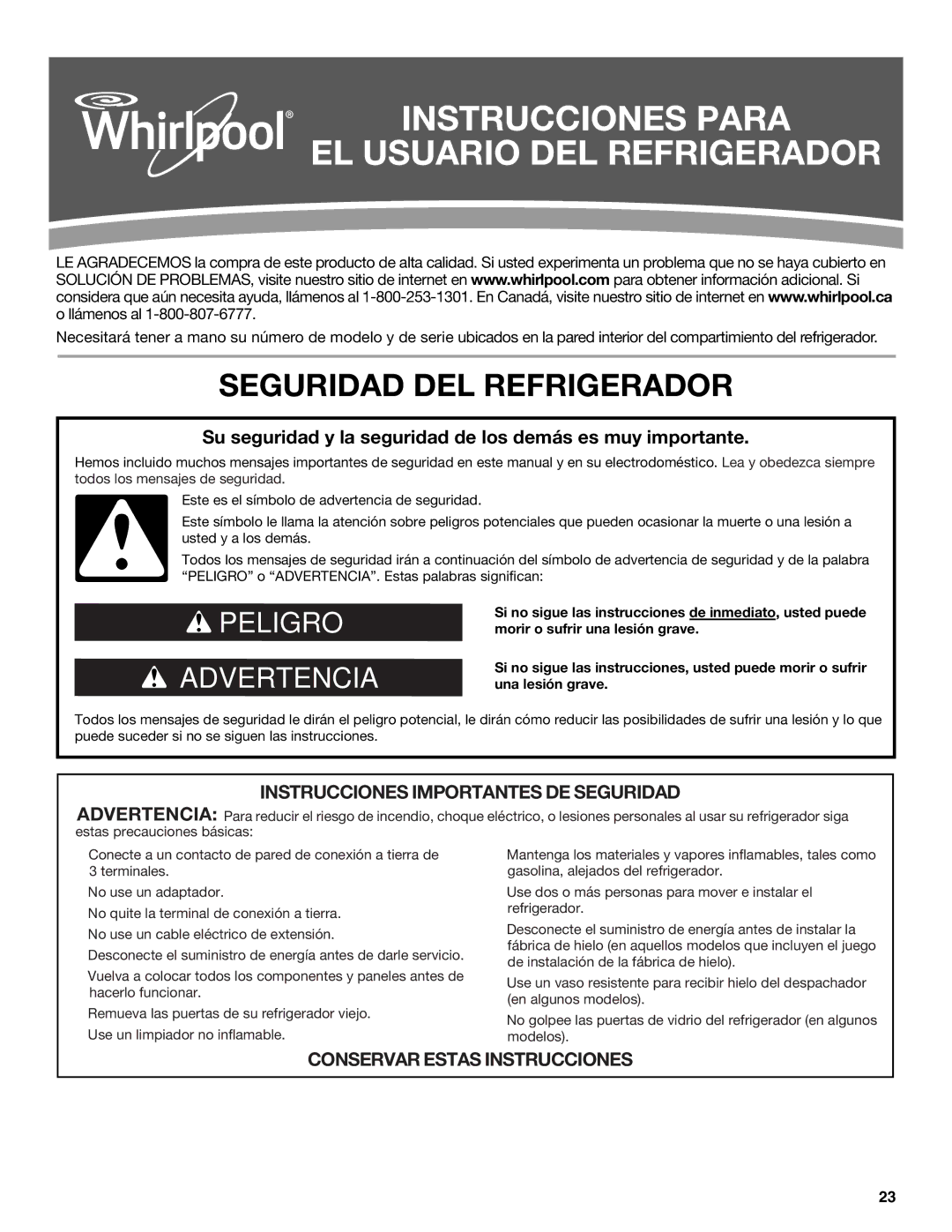 Whirlpool ED2KHAXVB installation instructions Instrucciones Para EL Usuario DEL Refrigerador, Seguridad DEL Refrigerador 