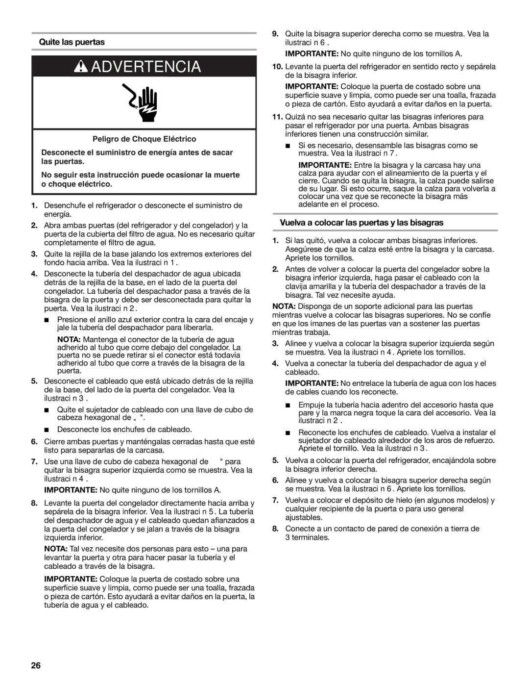 Whirlpool ED2KHAXVB installation instructions Quite las puertas, Vuelva a colocar las puertas y las bisagras 