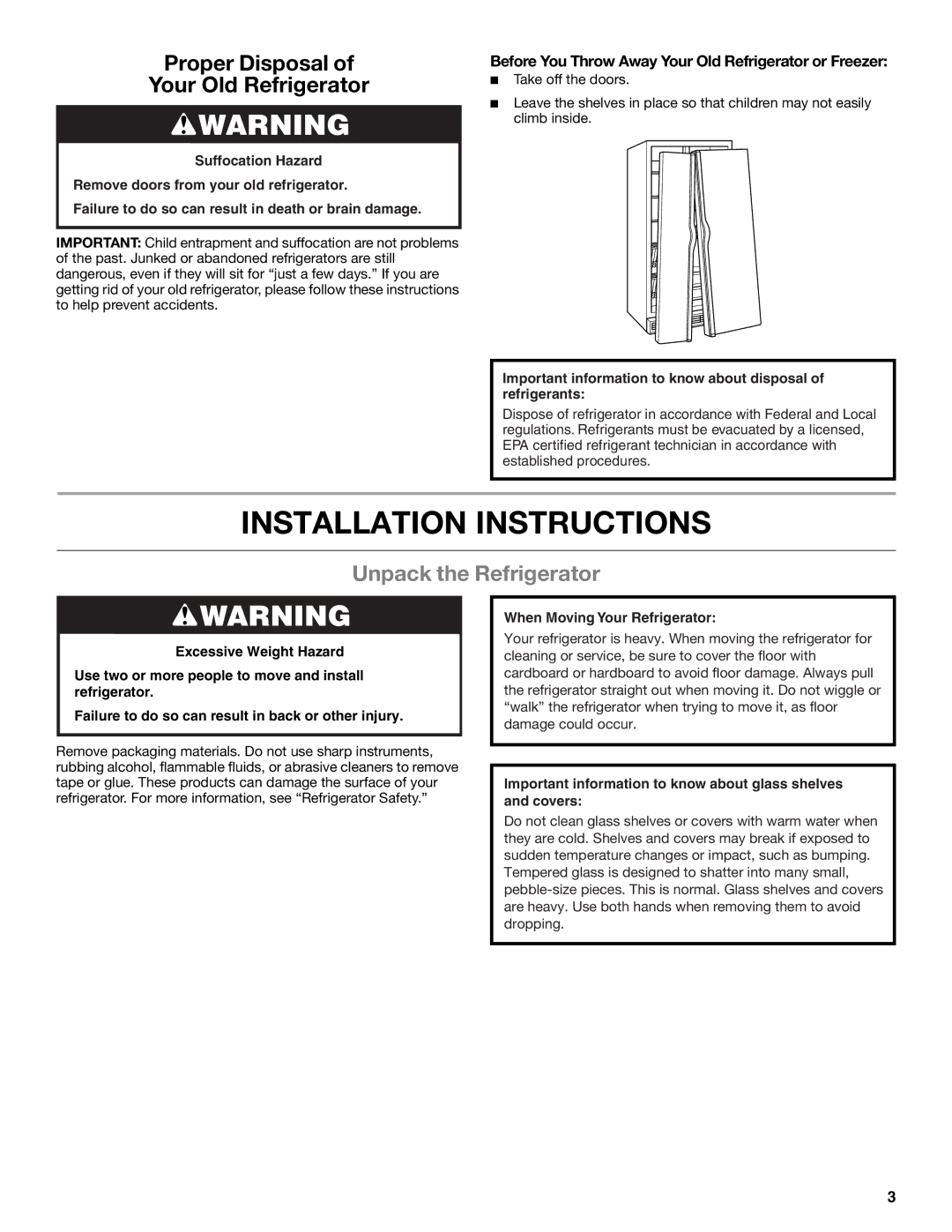 Whirlpool ED2KHAXVB installation instructions Installation Instructions, Unpack the Refrigerator 