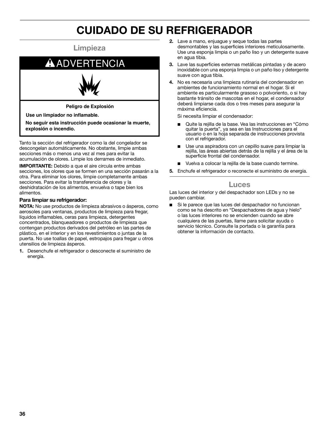 Whirlpool ED2KHAXVB installation instructions Cuidado DE SU Refrigerador, Limpieza, Luces, Para limpiar su refrigerador 