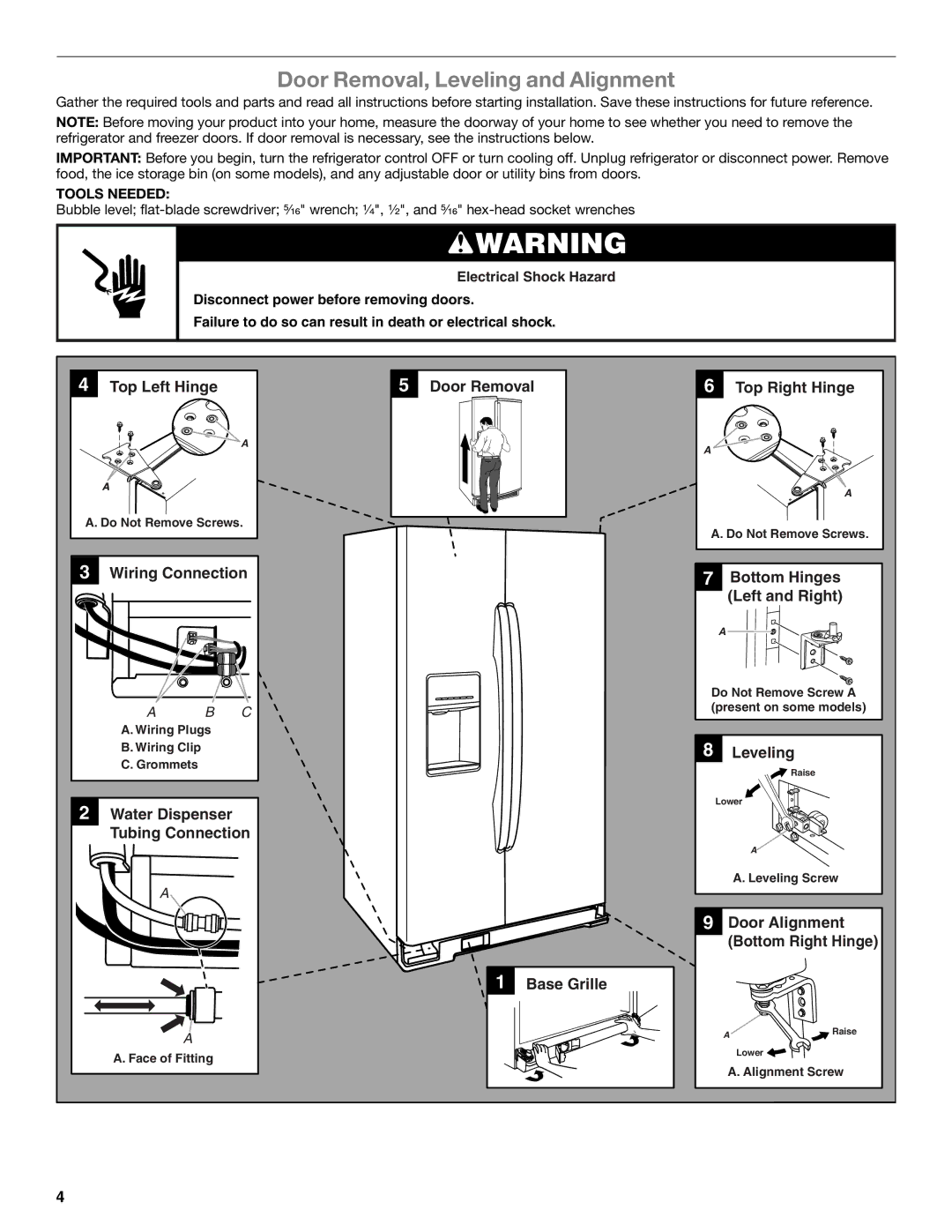 Whirlpool ED2KHAXVB installation instructions Door Removal, Leveling and Alignment, Tools Needed 