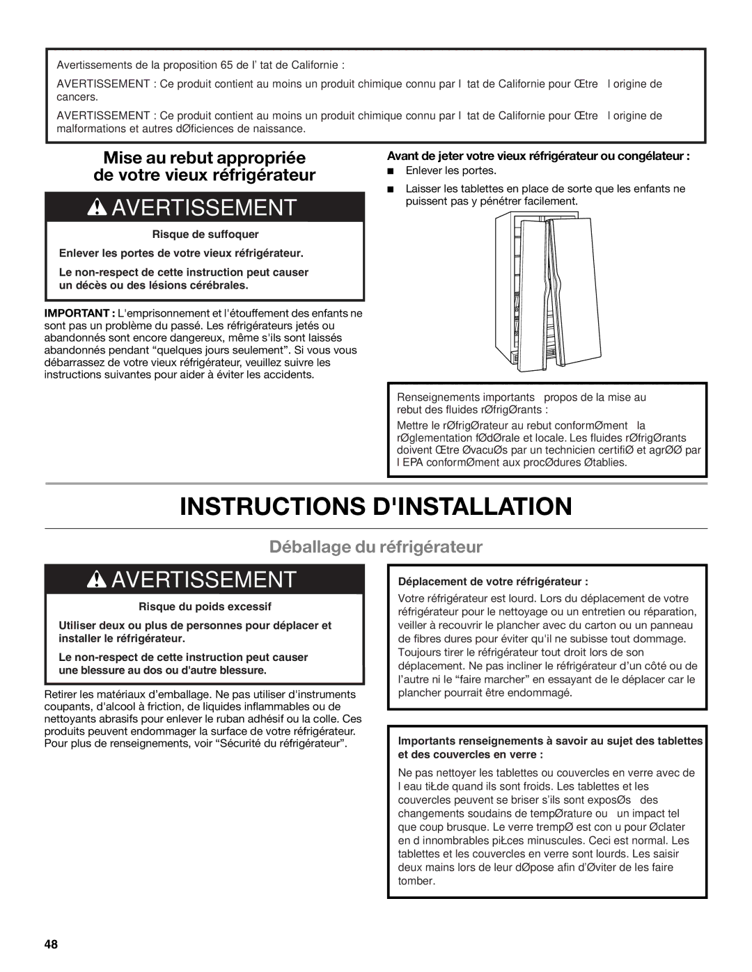 Whirlpool ED2KHAXVB installation instructions Instructions Dinstallation, Déballage du réfrigérateur 