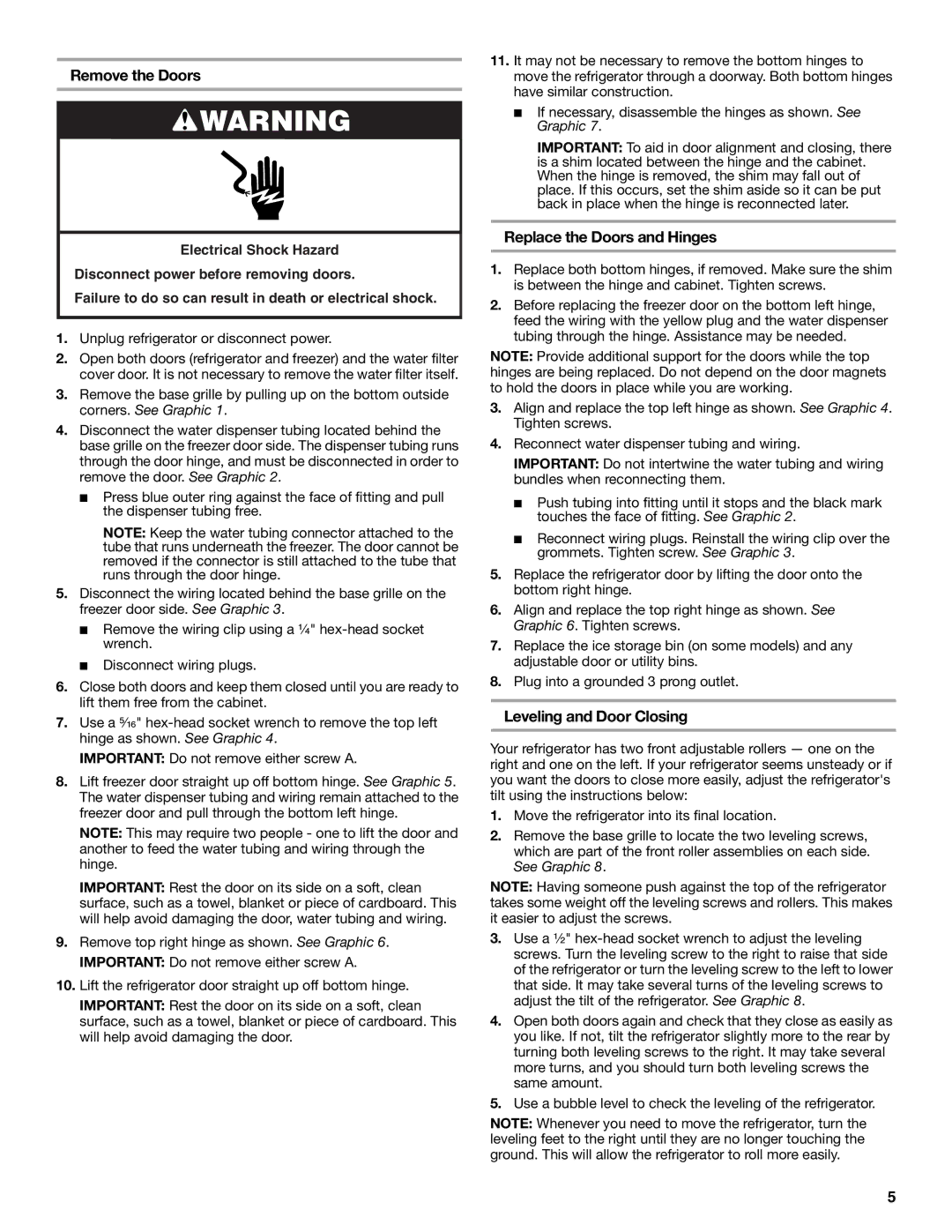 Whirlpool ED2KHAXVB installation instructions Remove the Doors, Replace the Doors and Hinges, Leveling and Door Closing 