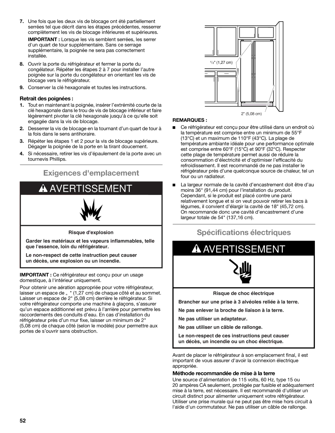 Whirlpool ED2KHAXVB Exigences demplacement, Spécifications électriques, Retrait des poignées, Remarques 