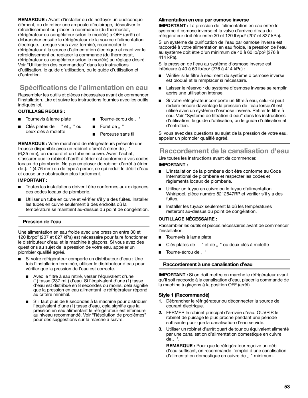 Whirlpool ED2KHAXVB installation instructions Spécifications de l’alimentation en eau, Raccordement de la canalisation deau 