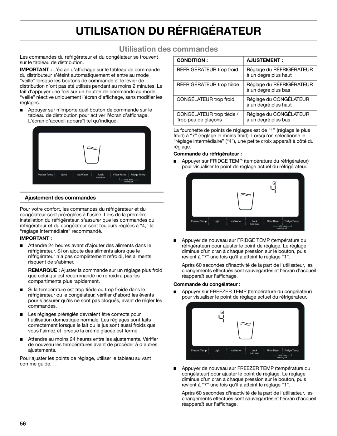 Whirlpool ED2KHAXVB Utilisation DU Réfrigérateur, Utilisation des commandes, Ajustement des commandes 