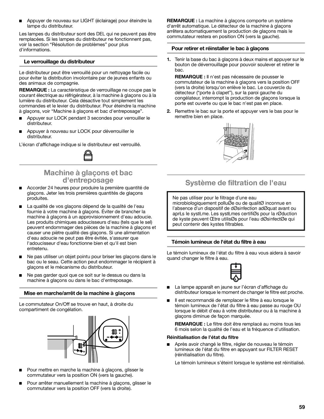 Whirlpool ED2KHAXVB installation instructions Machine à glaçons et bac Dentreposage, Système de filtration de leau 