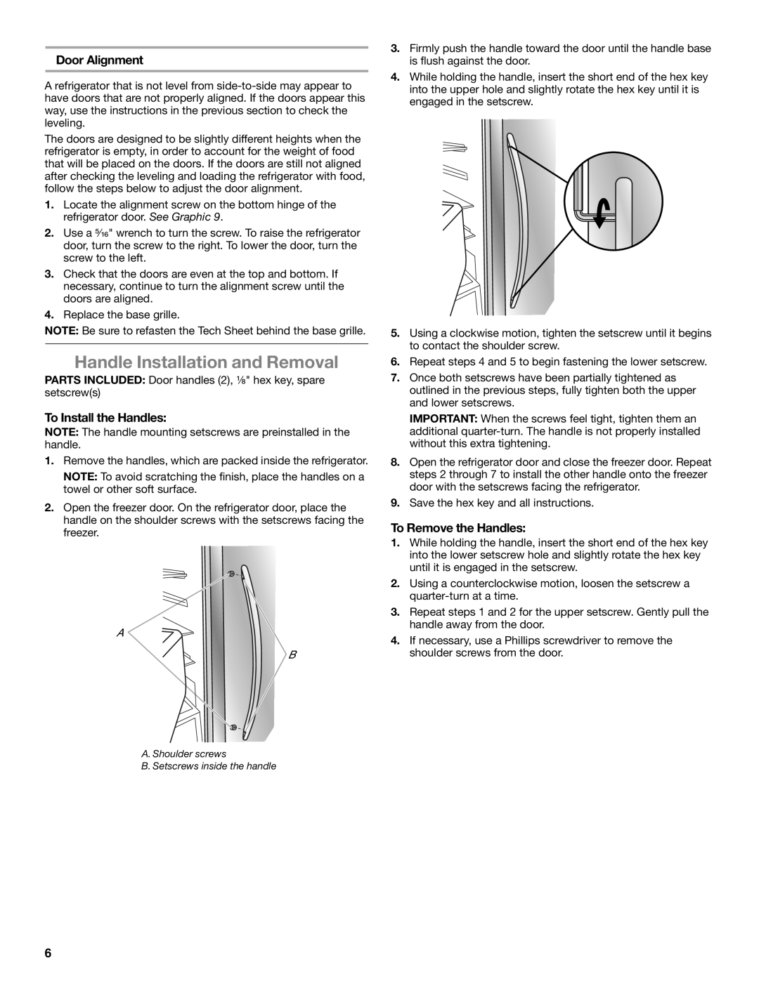 Whirlpool ED2KHAXVB Handle Installation and Removal, Door Alignment, To Install the Handles, To Remove the Handles 