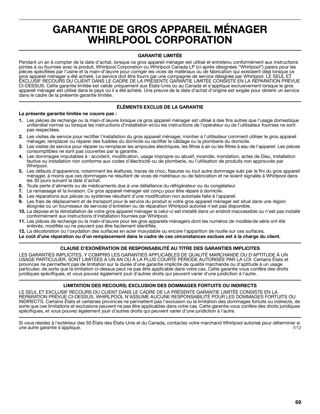 Whirlpool ED2KHAXVB installation instructions Garantie DE Gros Appareil Ménager Whirlpool Corporation, Garantie Limitée 