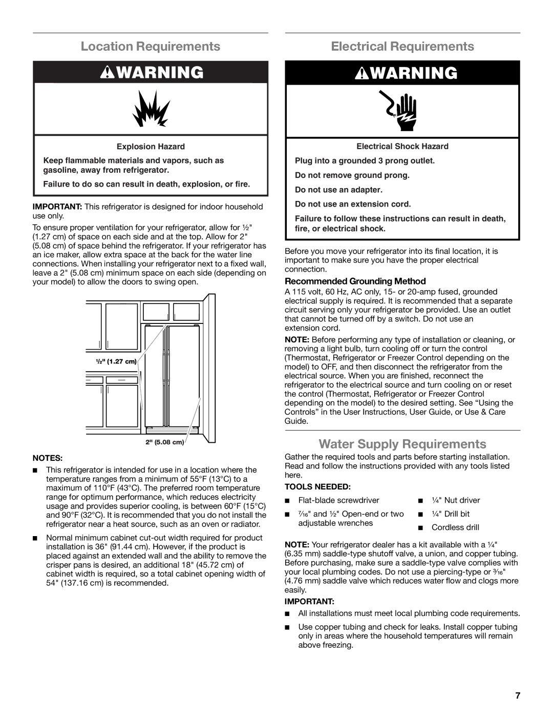 Whirlpool ED2KHAXVB installation instructions Location Requirements, Electrical Requirements, Water Supply Requirements 