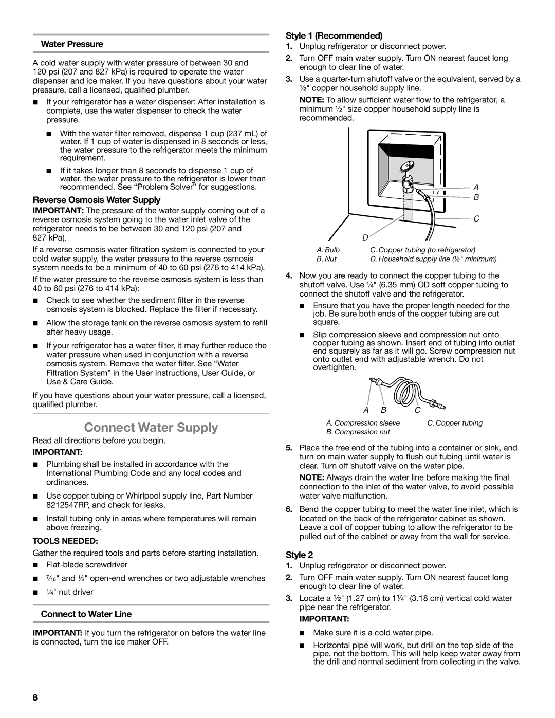 Whirlpool ED2KHAXVB installation instructions Connect Water Supply 