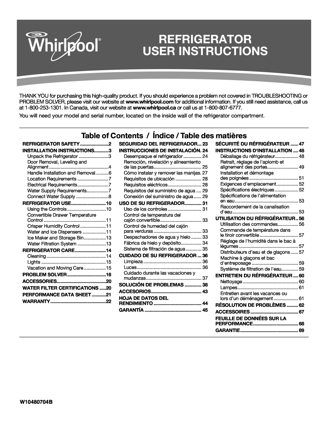 Whirlpool ED2KHAXVB installation instructions Refrigerator User Instructions, W10480704B 