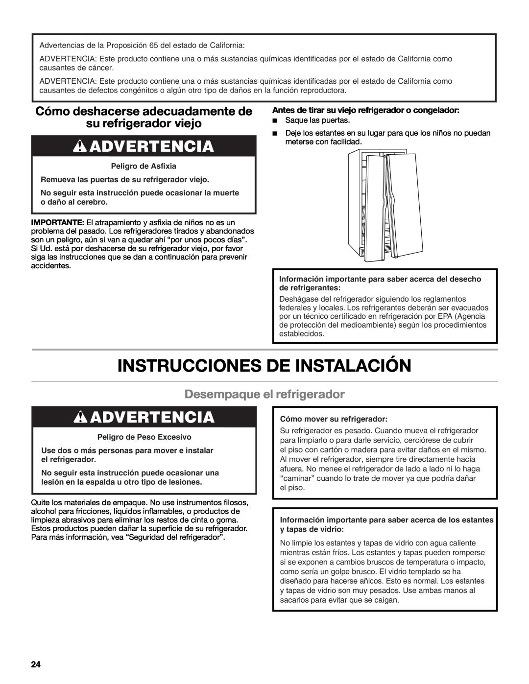 Whirlpool ED2KHAXVB Instrucciones De Instalación, Advertencia, Cómo deshacerse adecuadamente de su refrigerador viejo 