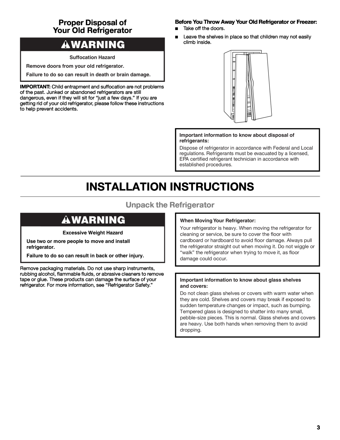 Whirlpool ED2KHAXVB Installation Instructions, Proper Disposal of Your Old Refrigerator, Unpack the Refrigerator 
