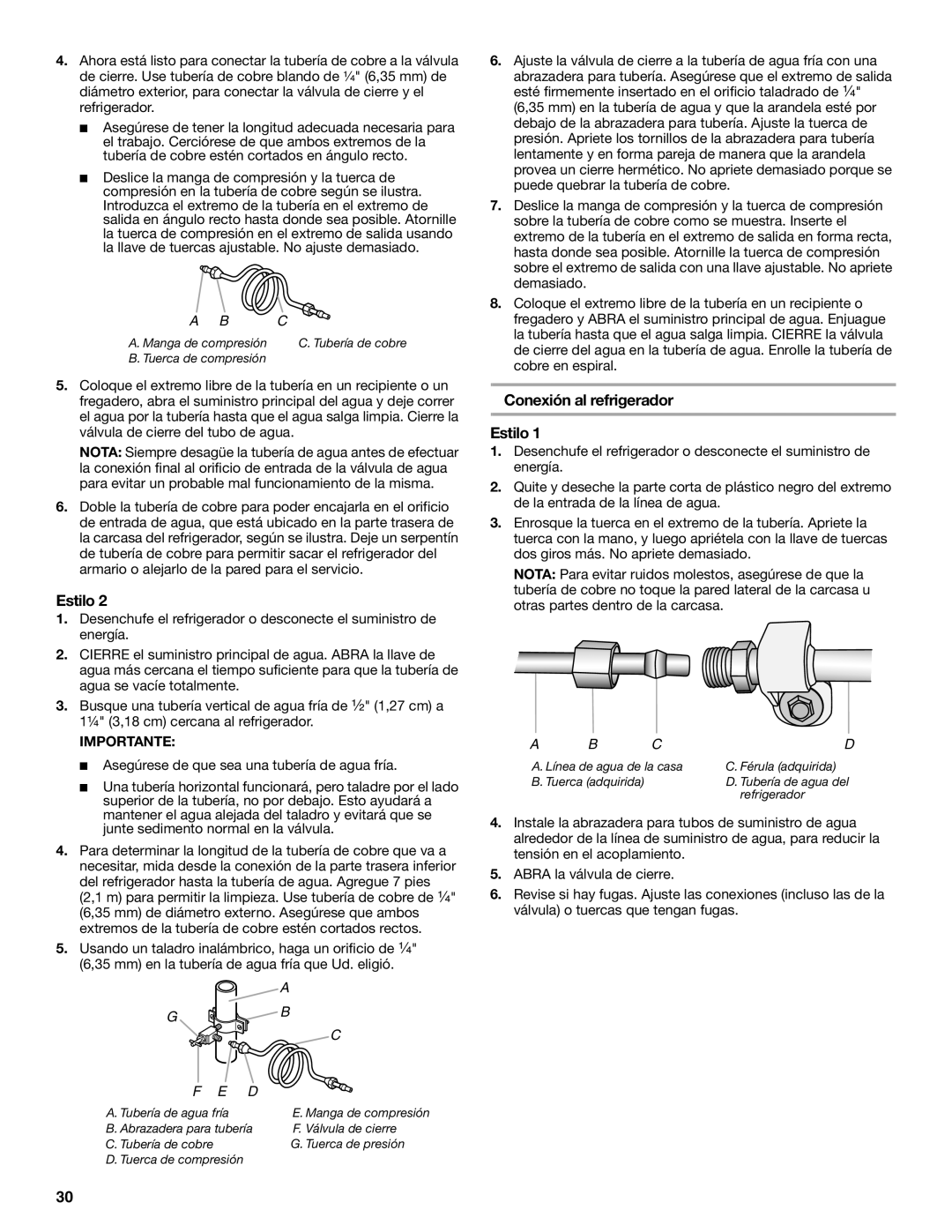 Whirlpool ED2KHAXVB installation instructions Conexión al refrigerador Estilo, F E D 