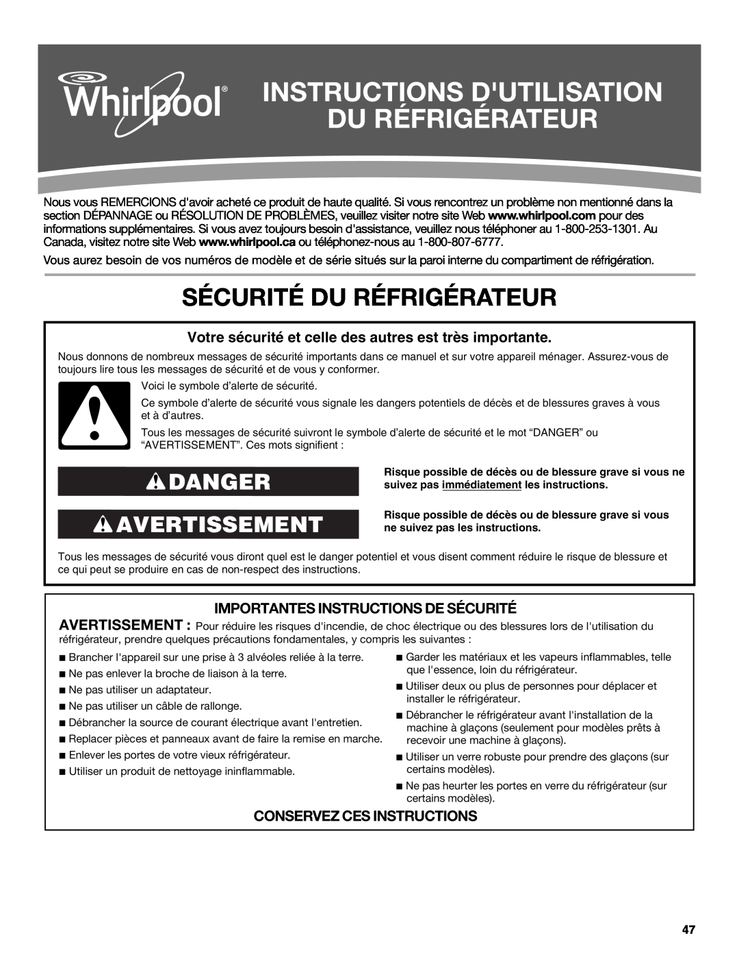 Whirlpool ED2KHAXVB Instructions Dutilisation Du Réfrigérateur, Sécurité Du Réfrigérateur, Danger Avertissement 