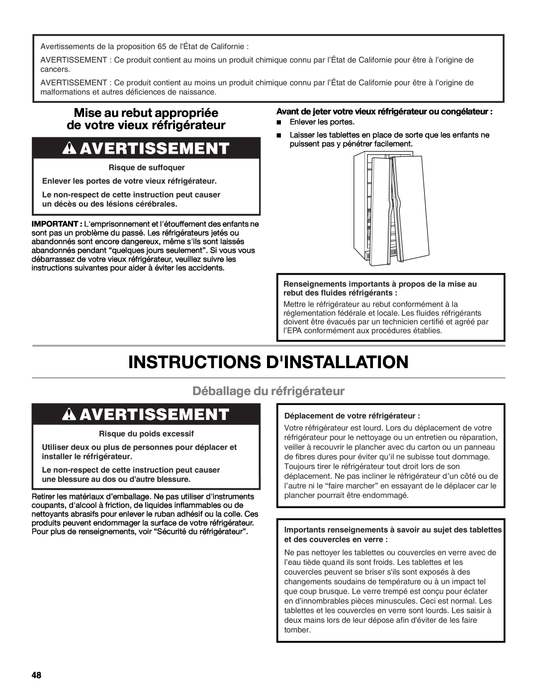 Whirlpool ED2KHAXVB Instructions Dinstallation, Avertissement, Déballage du réfrigérateur, Risque du poids excessif 