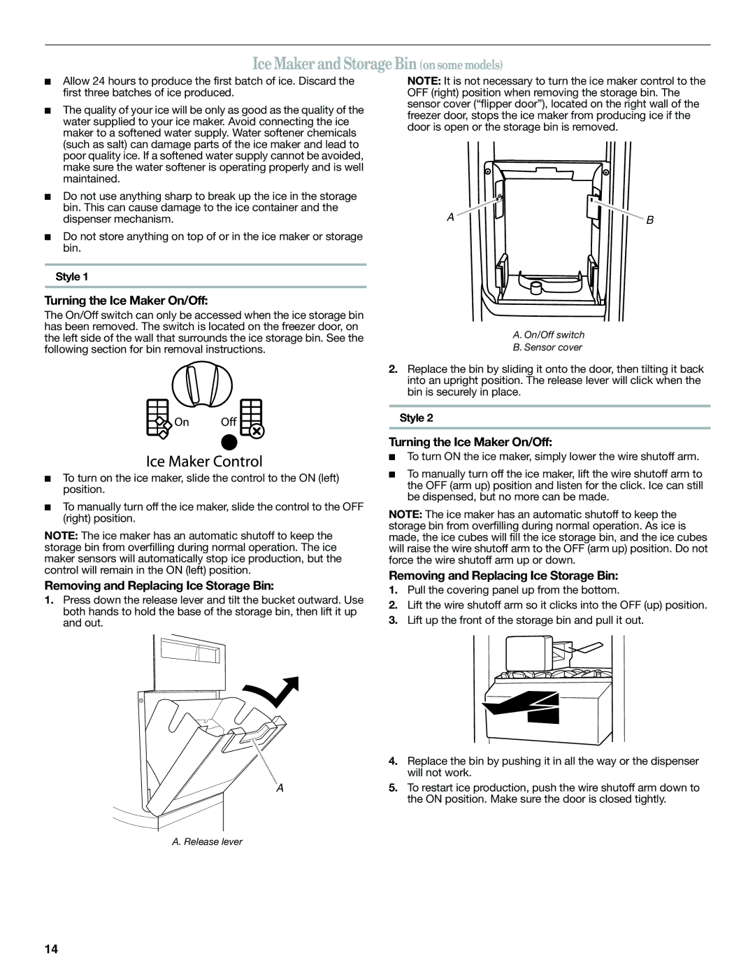 Whirlpool ED2KHAXVT, GSF26C4EXT manual Ice Maker and Storage Bin onsomemodels, Turning the Ice Maker On/Off, Style 