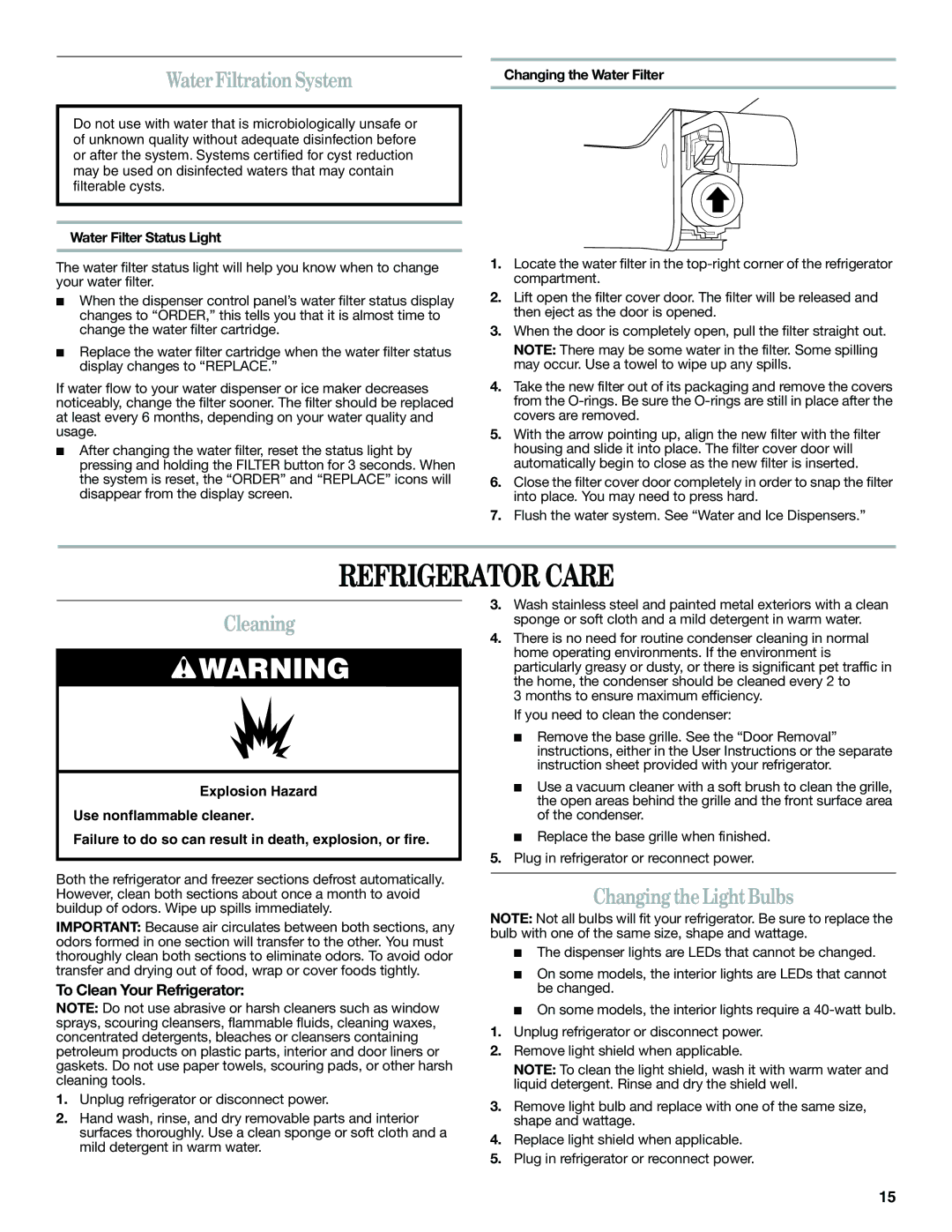 Whirlpool GSF26C4EXT, ED2KHAXVT manual Refrigerator Care, Water Filtration System, Cleaning, Changing the Light Bulbs 