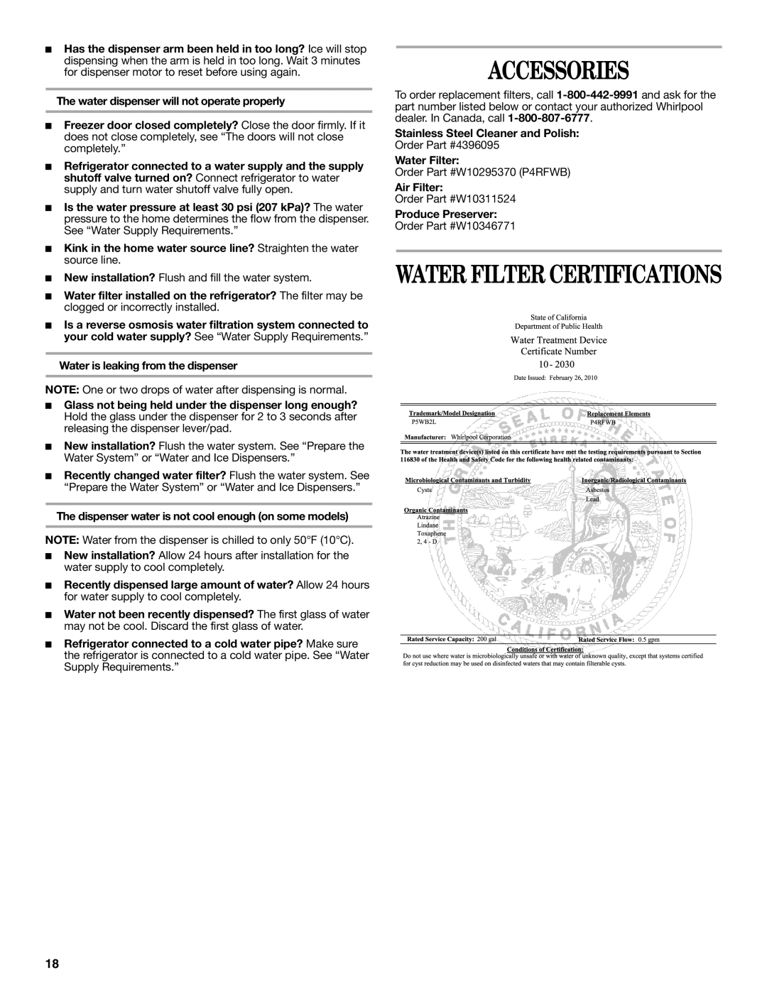 Whirlpool ED2KHAXVT, GSF26C4EXT manual Accessories 