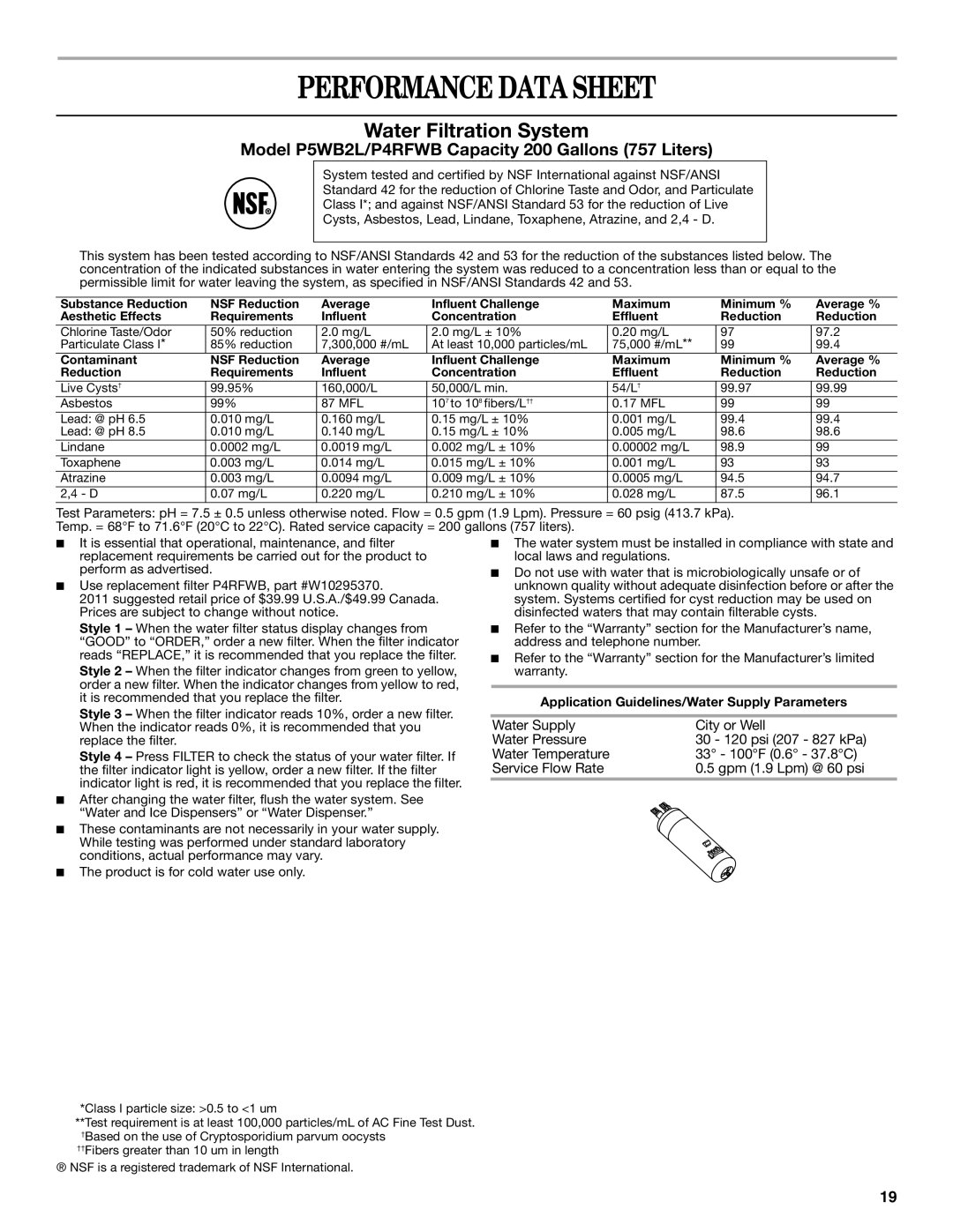 Whirlpool GSF26C4EXT, ED2KHAXVT manual Performance Data Sheet, Water Filtration System 