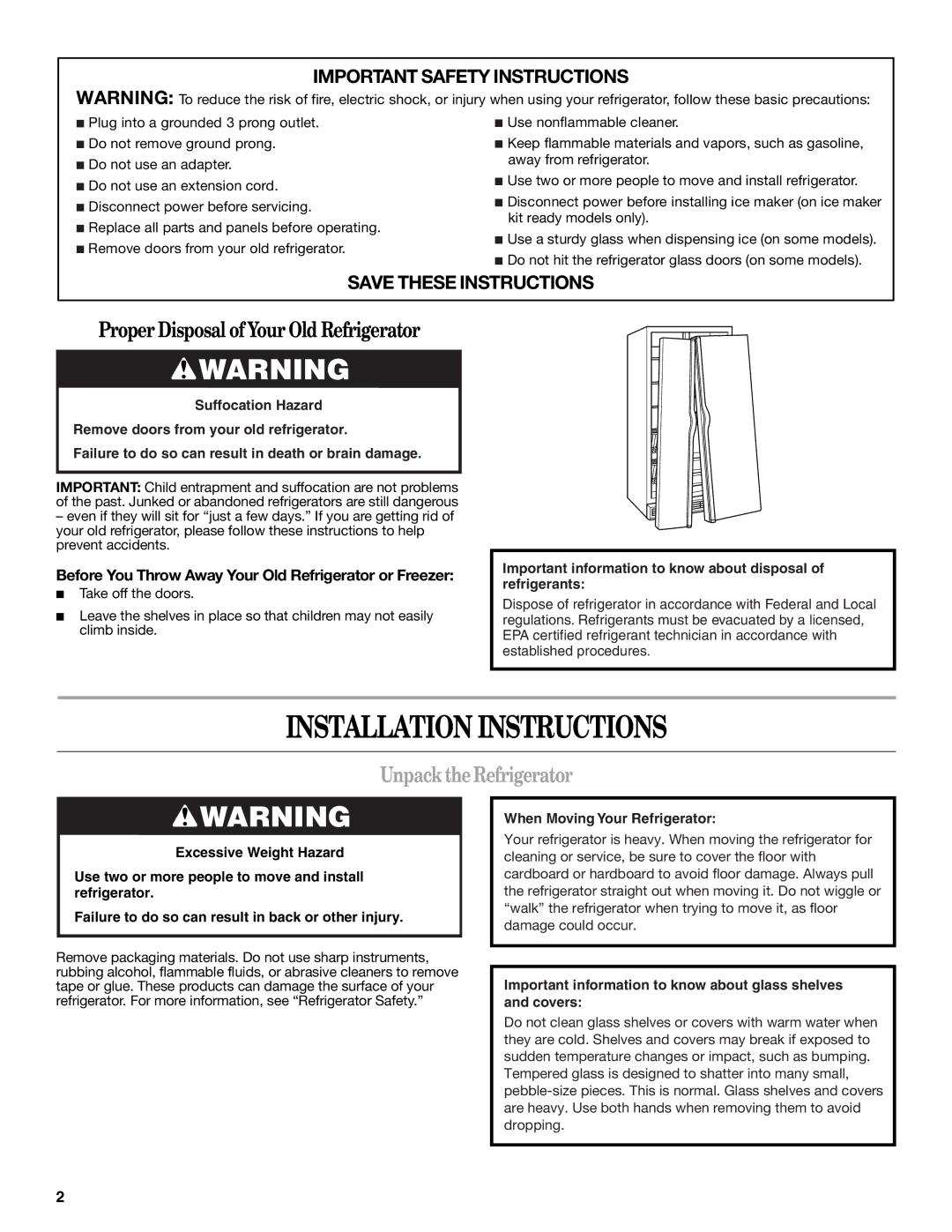 Whirlpool ED2KHAXVT, GSF26C4EXT manual Installation Instructions, Unpack the Refrigerator 