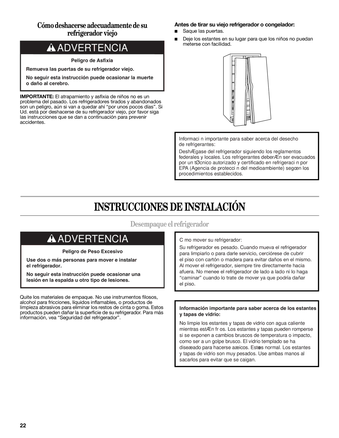 Whirlpool ED2KHAXVT, GSF26C4EXT manual Instrucciones DE Instalación, Desempaque el refrigerador 