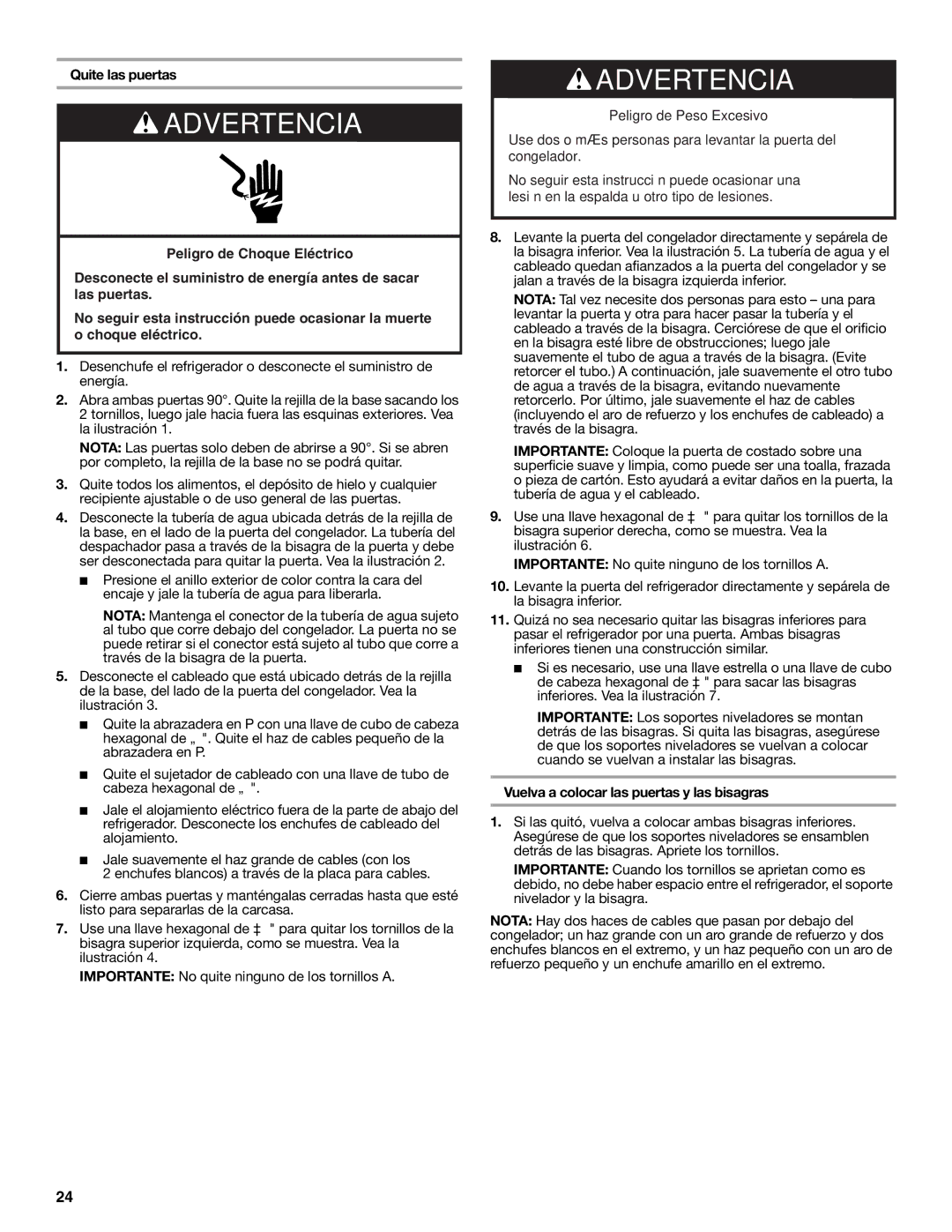 Whirlpool ED2KHAXVT, GSF26C4EXT manual Quite las puertas, Vuelva a colocar las puertas y las bisagras 