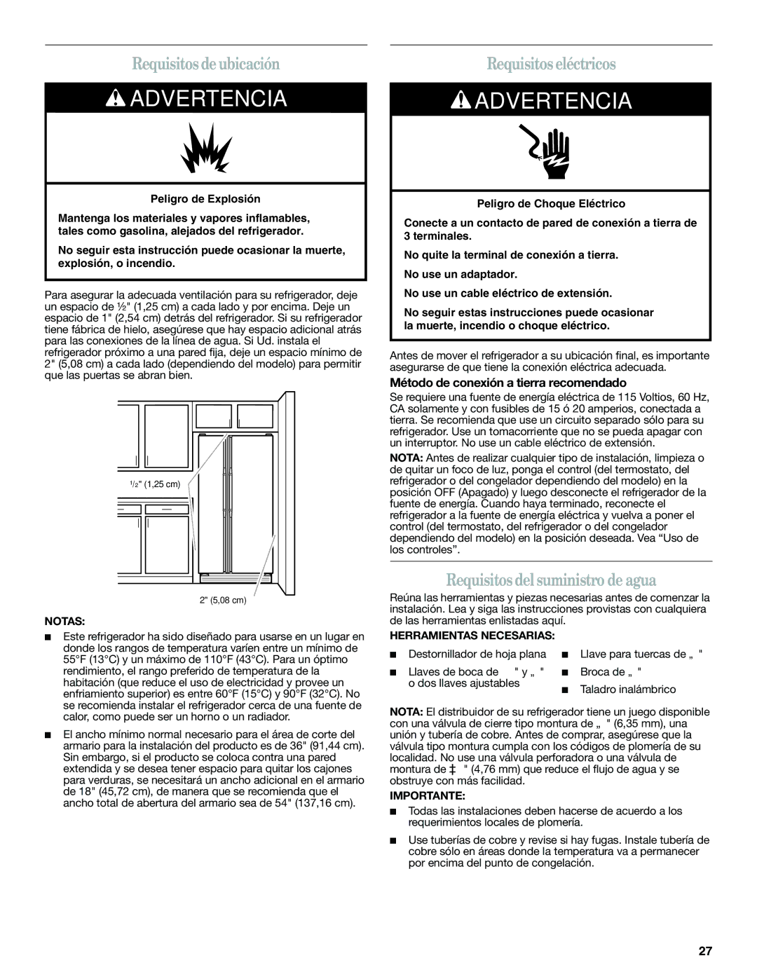 Whirlpool GSF26C4EXT, ED2KHAXVT manual Requisitos de ubicación, Requisitos eléctricos, Requisitos del suministro de agua 