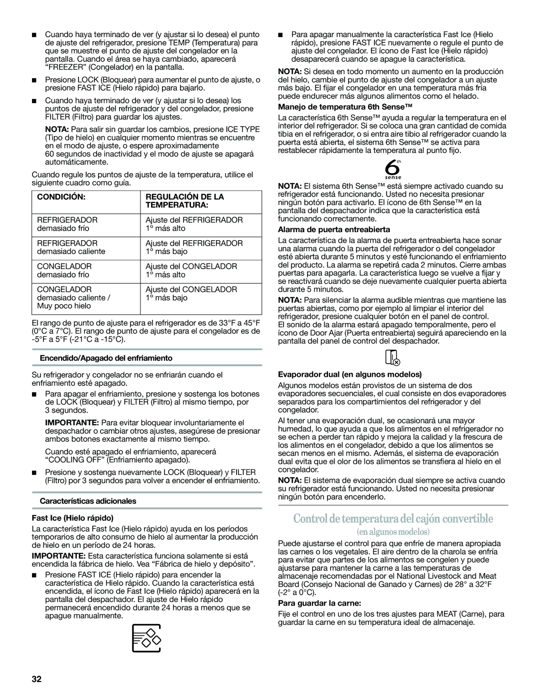 Whirlpool ED2KHAXVT, GSF26C4EXT manual Control de temperatura del cajón convertible, Condición Regulación DE LA Temperatura 